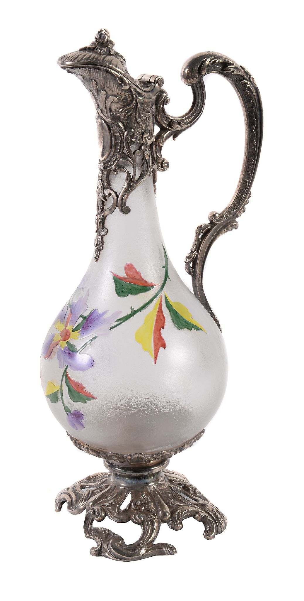A German silver plated pewter and acid etched and painted glass ewer, unmarked, circa 1900, 32.5cm