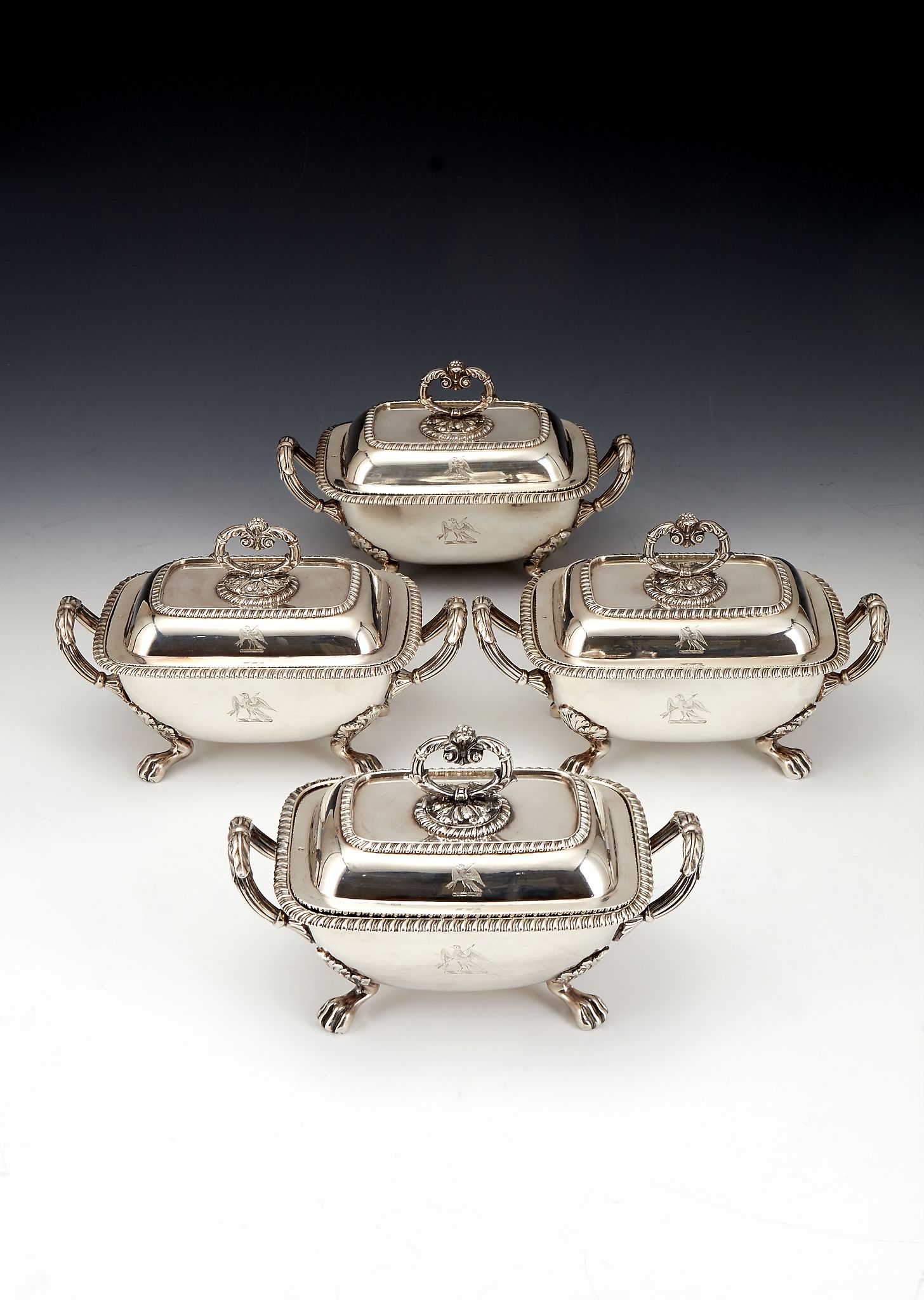 A set of four late George III silver rounded rectangular sauce tureens, covers and handles by - Image 2 of 2