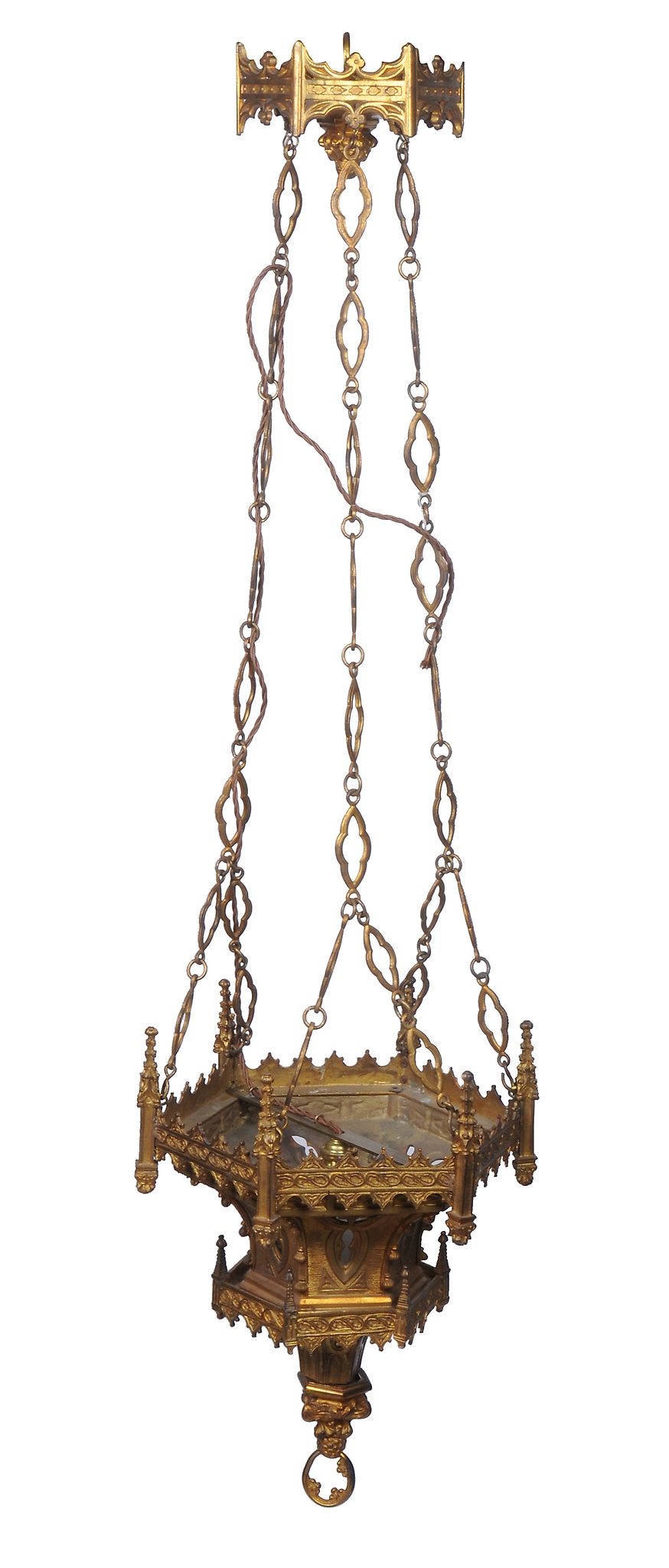 A gilt metal hanging lamp in ecclesiastical style, late 19th century and later fitted for