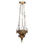 A gilt metal hanging lamp in ecclesiastical style, late 19th century and later fitted for