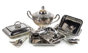 A collection of electro-plated items, to include: three entree dishes, covers and handles, with