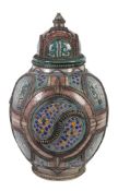 A large Moroccan pottery metal-mounted vase, painted in turquoise, blue, yellow, red and brown with