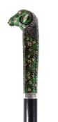 An Indian silver, enamel and gem set walking stick, the handle formed as a ram's head, inset with