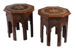 Ω A hardwood and inlaid occasional lamp table in Islamic taste , 70cm high, 47cm square, together