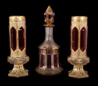 A pair of Bohemian/Czech clear-glass, gilt and ruby flashed and cut slender hexagonal vases , 28.