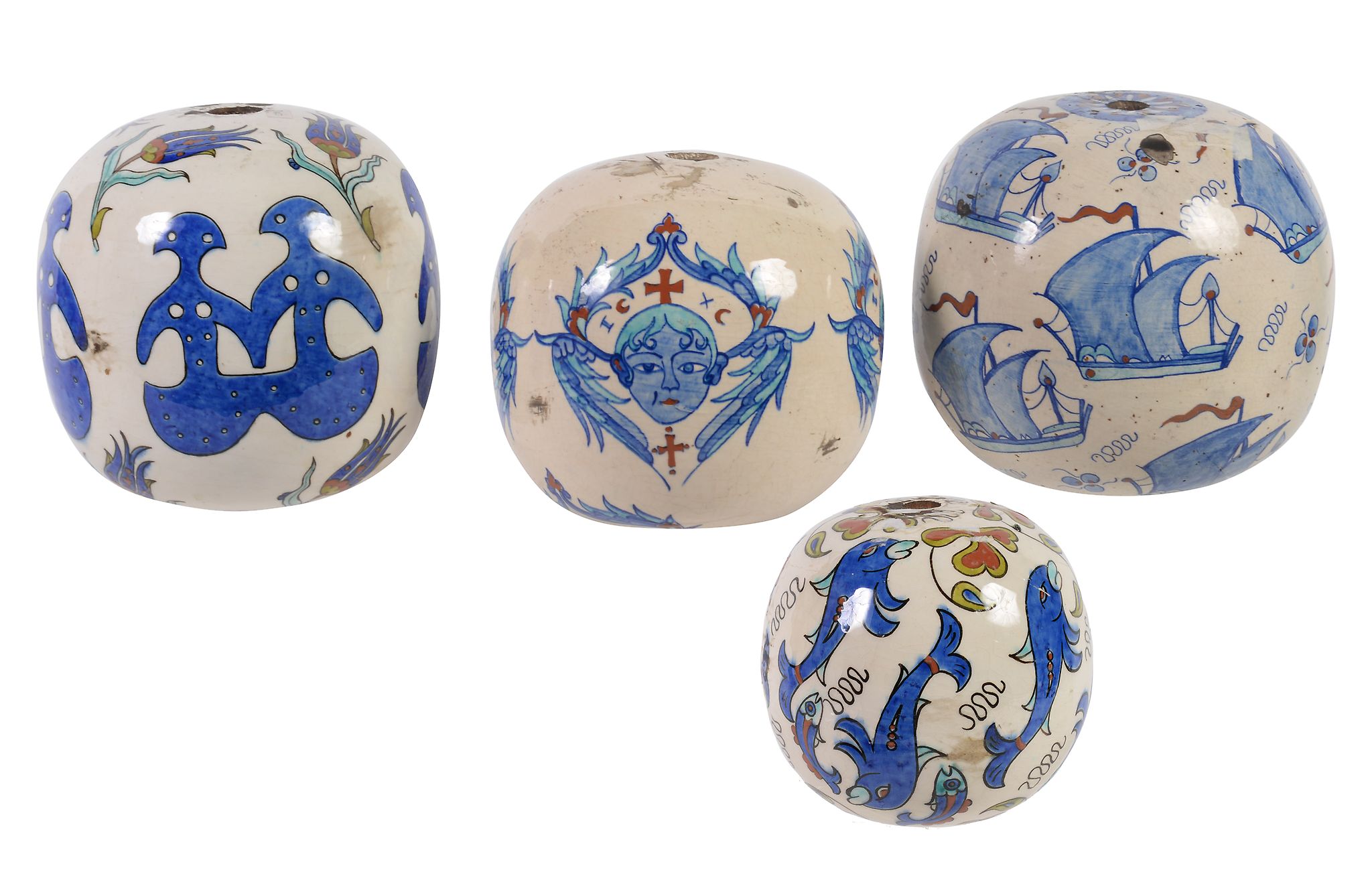 Four Iznik style pottery spherical hanging ornaments, Western Anatolia, 19th and 20th centuries,