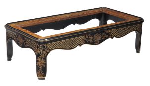 A chinoiserie and burr elm low table , modern, of rounded rectangular form with an inset bevelled