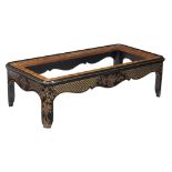 A chinoiserie and burr elm low table , modern, of rounded rectangular form with an inset bevelled