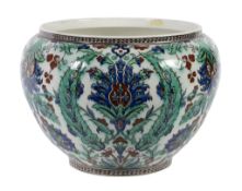 An Iznik style jardiniÃ¨re, circa 1900, Belgium, Boch FrÃ¨res Keramis, of a deep round form