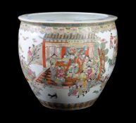 A large Chinese Cantonese style fish bowl or jardiniÃ¨re, 20th century, painted in famille rose