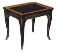 A small black painted side table with single frieze drawer , of recent manufacture, 57cm high, 54cm