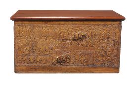 A South Asian hardwood and parcel gilt coffer , probably Thai, 19th century, 42cm high, 77cm wide,