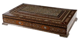 Ω A Middle Eastern parquetry rectangular table box, late 20th century, inlaid with stained woods,