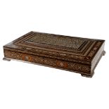 Ω A Middle Eastern parquetry rectangular table box, late 20th century, inlaid with stained woods,