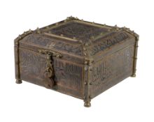 Ω An Egyptian revival inlaid metal casket, 19th century, with separate padlock (no key), the