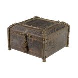 Ω An Egyptian revival inlaid metal casket, 19th century, with separate padlock (no key), the