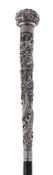 A Chinese export silver mounted ebonised wood walking stick, circa 1890, the spherical knop with a