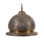 A Mamluk style circular white metal inlaid lamp, probably Egypt or Syria, 19th century, inlaid with