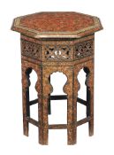 A Kashmiri folding table and stand, the detachable top painted with flower and with script border,