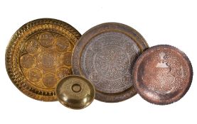 A Mamluk style silver-inlaid dish, circa 1900, 39cm diameter, with red velvet covered box and two