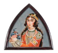 A Qajar glass painting of a lady , Persia, 19th century, image size to frame approximately 39cm