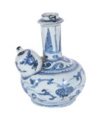 A Chinese blue and white kendi, 17th century, painted with scrolling foliage, 18cm high