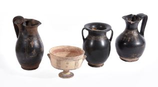 Three Gnathian Ware vessels, Greek South Italy, circa 4th century BC, decorated in cream slip,