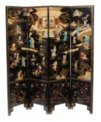A Chinese inlaid hardstone four-fold screen, late Qing Dynasty, 19th century, the scene is inlaid