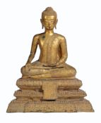 A Thai gilt-lacquered bronze Buddha , Late Rattanakosin period, 19th Century, seated in dhyanasana