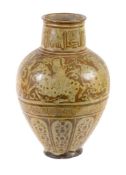 A large Kashan copper lustre vase, Persia, Seljuk Period or later, the tapering ovoid body painted
