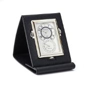 Asprey, a stainless steel and black monogrammed leather alarm desk clock, circa 1999, two Swiss