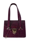 Aspinal, a purple leather handbag, the fold over flap with a push and key clasp, with double