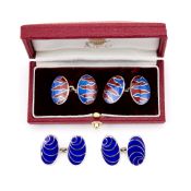 Asprey, a pair of silver and enamel double sided cufflinks, London 1995, the red and blue guilloche