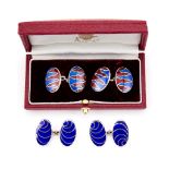 Asprey, a pair of silver and enamel double sided cufflinks, London 1995, the red and blue guilloche