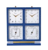 Asprey, a blue lacquer combined desk alarm clock, thermometer and hygrometer, top left dial with