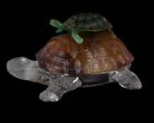 Daum, a pate de verre model of a turtle with its young on its back, in green, brown and clear, the