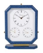 Asprey, a gilt metal and blue lacquer triple time zone alarm desk clock, three quartz movements,