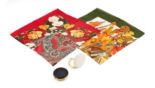 Asprey, a silk scarf by Mantero VIII, red background with flowers, a pheasant and a partridge, 85cm