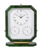 Asprey, a gilt metal and green lacquer triple time zone alarm desk clock, three quartz movements,