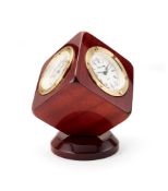 Asprey, a brown lacquer desk clock, thermometer and barometer, the clock with quartz movement,