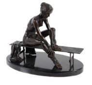 Benson Landes (b. 1927), Joanne, a patinated bronze figure of a ballerina seated on a bench, signed