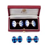 Asprey, a pair of silver and enamel double sided cufflinks, London 1995, the blue and white