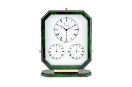 Asprey, a gilt metal and green lacquer triple time zone alarm desk clock, three quartz movements,