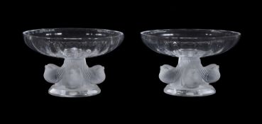 Lalique, Cristal Lalique, Nogent, a pair of clear and frosted glass coupes or tazzas, engraved