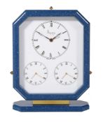 Asprey, a gilt metal and blue lacquer triple time zone alarm desk clock, three quartz movements,