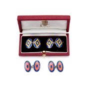 Asprey, a pair of silver and enamel double sided cufflinks, London 1995, the blue and yellow