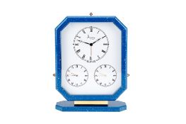 Asprey, a gilt metal and blue lacquer triple time zone alarm desk clock, three quartz movements,