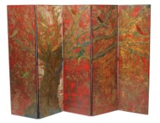 A red, black and gilt lacquer five fold screen , 20th century, with an abstract design of birds and