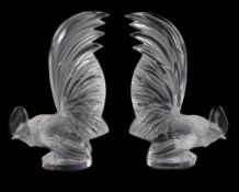 Lalique, Cristal Lalique, Coq Nain, a pair of clear and frosted glass paperweights, moulded as a