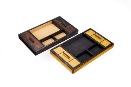 Asprey, a black and brown lacquer vide poche, with two lift off covers and lined with beige suede,